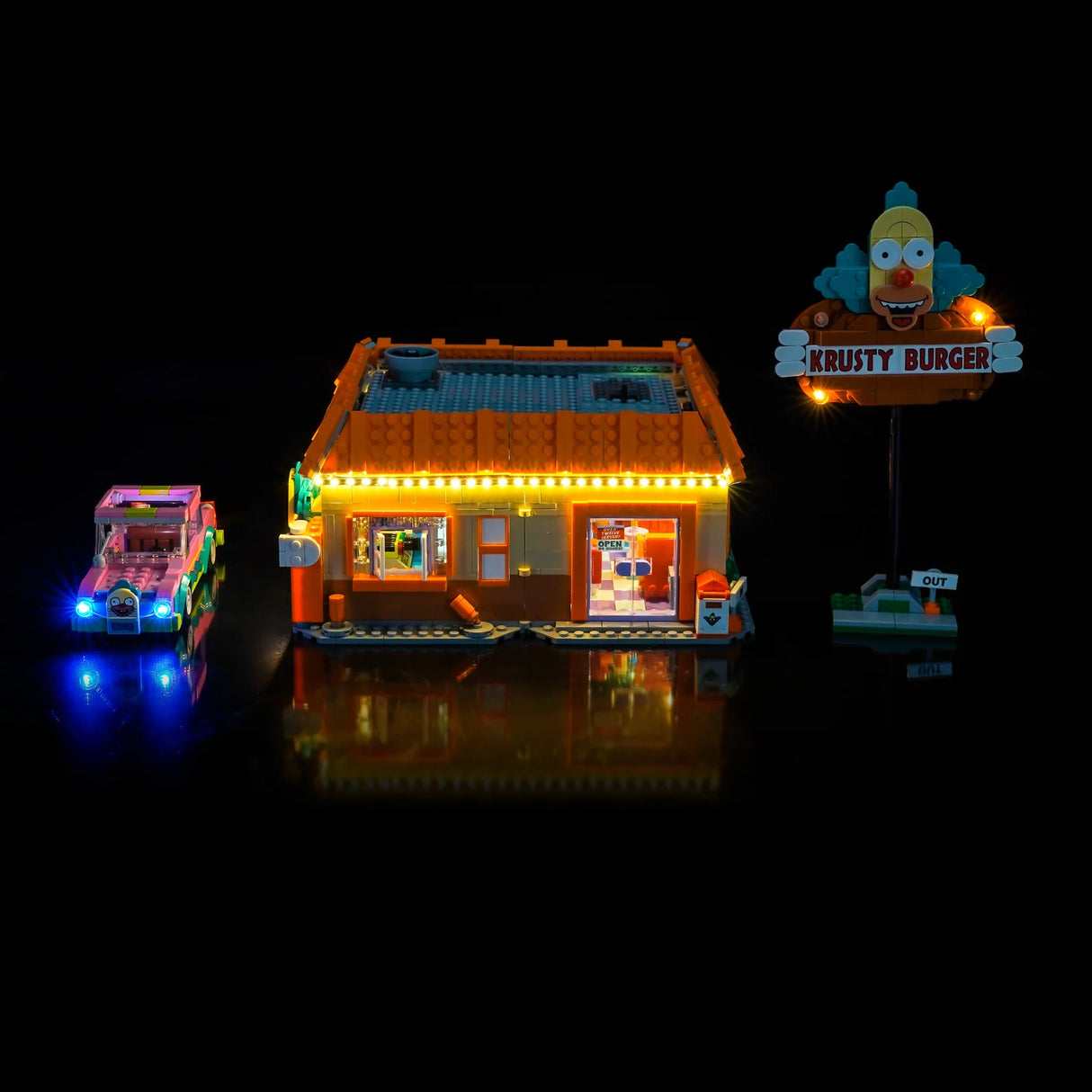 Beleuchtetes Krusty Burger LEGO Set mit einem rosa Auto und einem Krusty Burger Schild