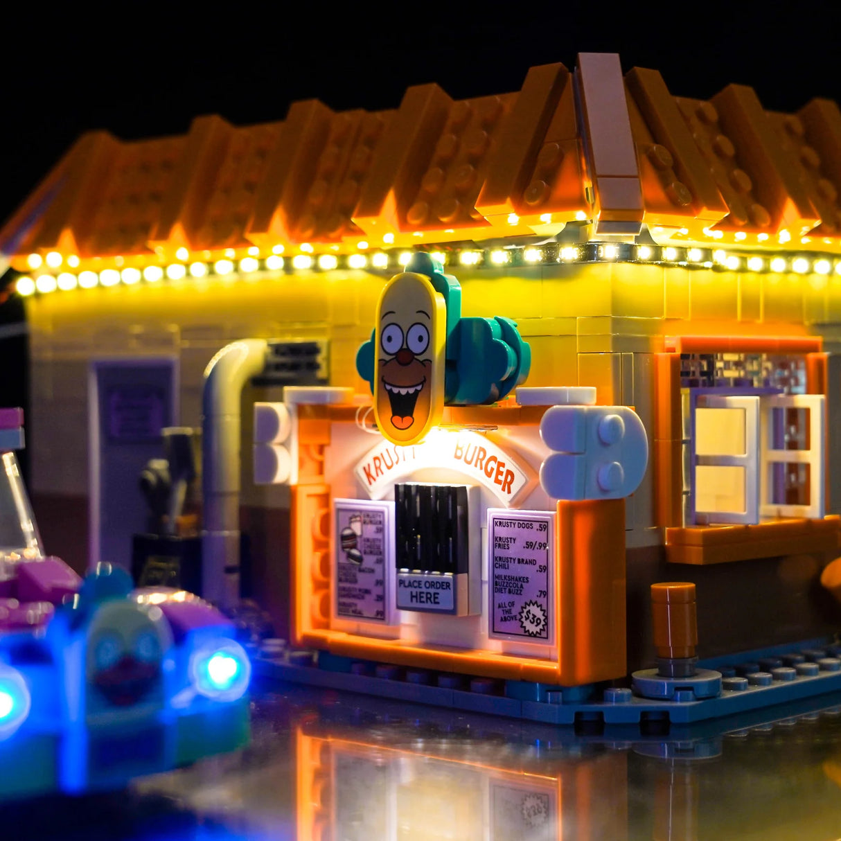 Beleuchtetes Lego Krusty Burger Restaurant mit Krusty dem Clown Hotdog-Schild