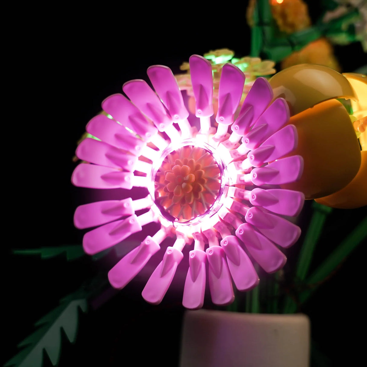 Nahaufnahme einer leuchtenden rosa Blume mit gelben Blütenblättern und grünen Blättern im Hintergrund