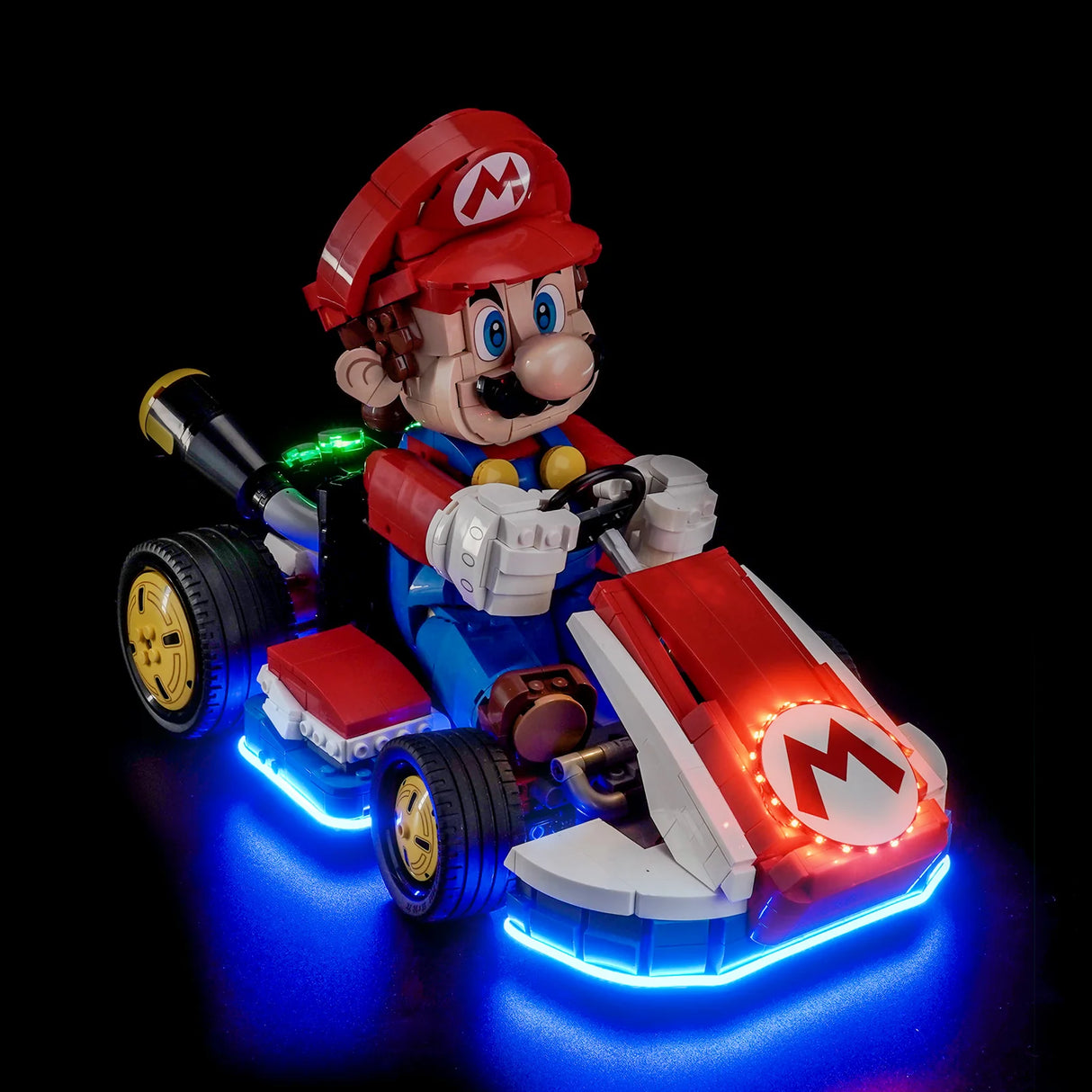 Lego Mario Kart mit blauer und roter Beleuchtung