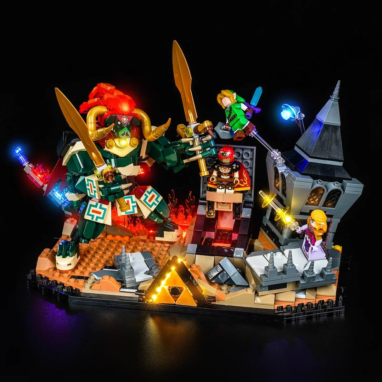 Lego-Set mit beleuchteten Figuren aus The Legend of Zelda, darunter Ganondorf, Link und Zelda