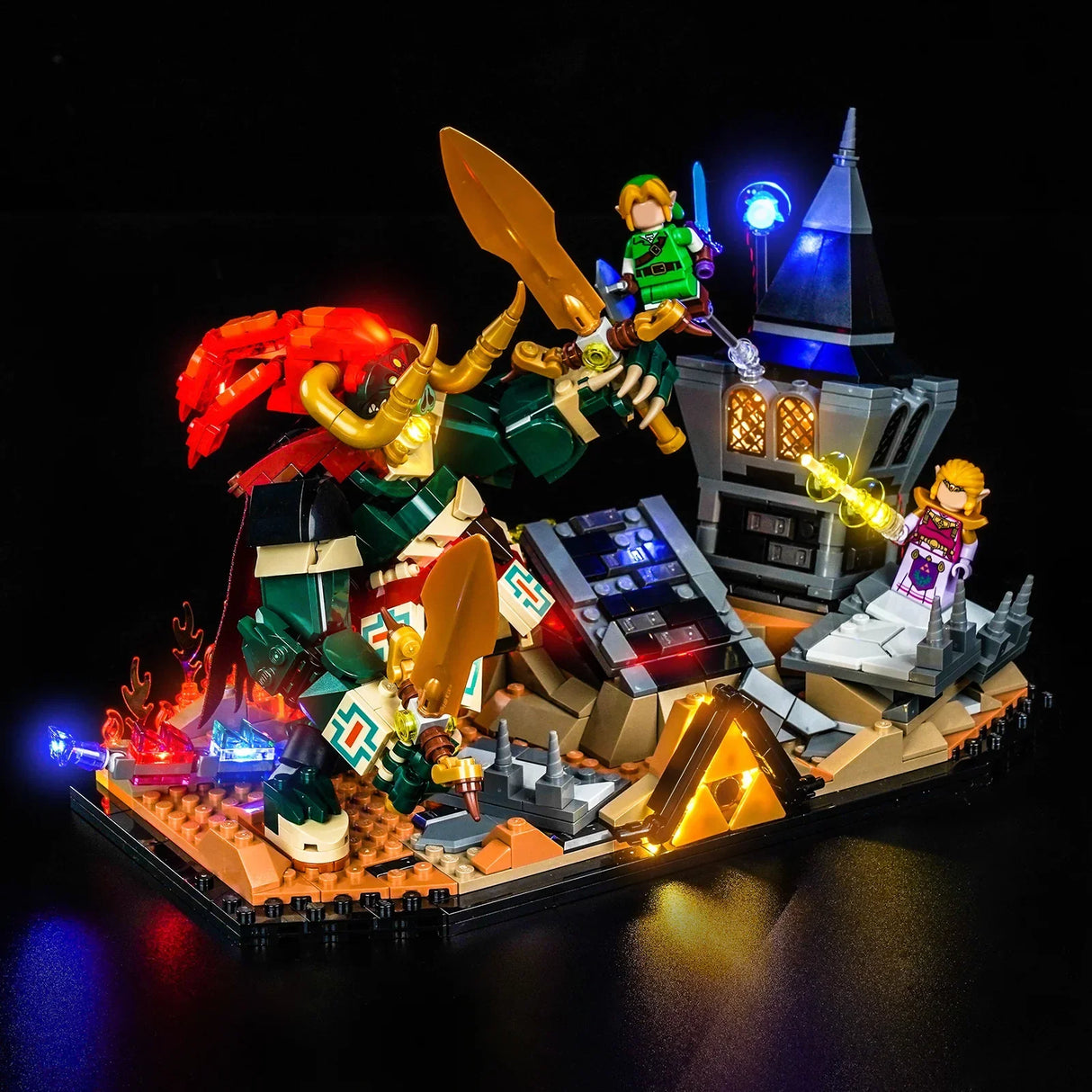 Lego-Szene mit Link, Zelda und Ganon, beleuchtet mit LED-Lichtern