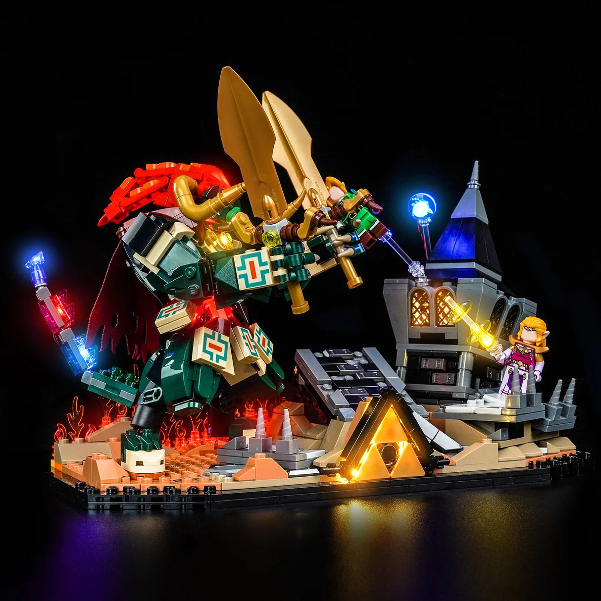 Lego-Set mit Link, Zelda und Ganon in einer Kampfszene mit leuchtenden Elementen