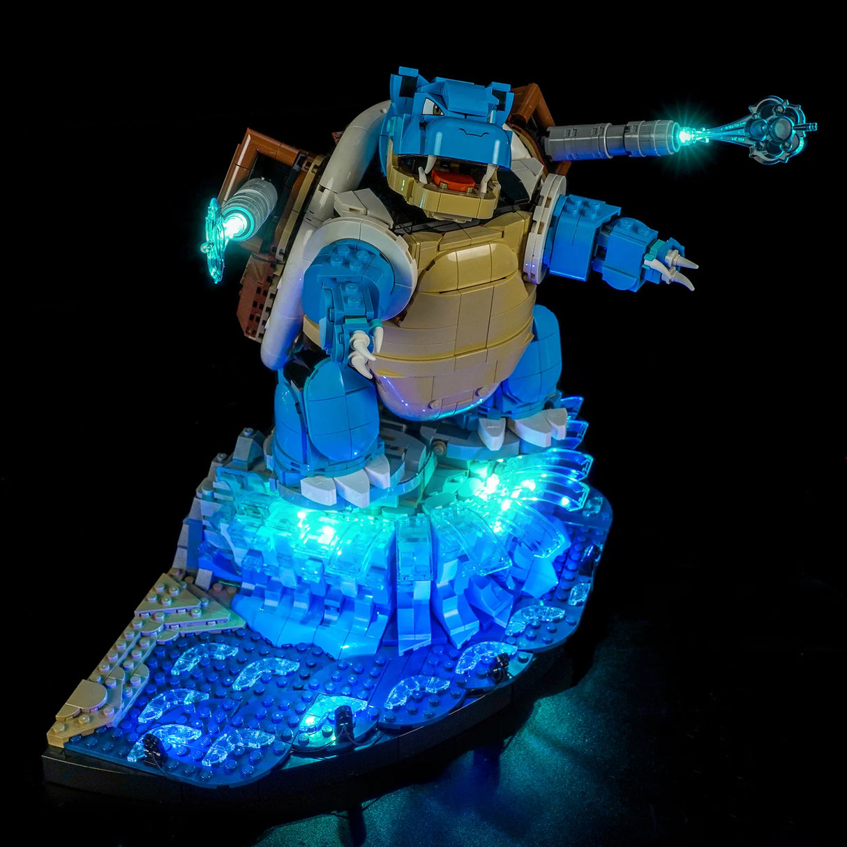 Blastoise Lego Figur mit leuchtenden Wasserkanonen und leuchtender Wasserbasis