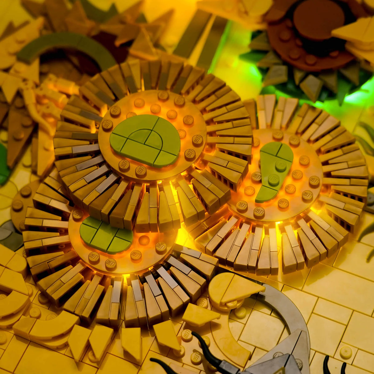Nahaufnahme von drei leuchtenden LEGO-Sonnenblumen mit grünen und gelben Steinen