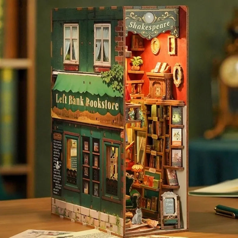 Miniatur-Bücherregal-Einsatz mit Buchhandlung Left Bank Bookstore und Shakespeare-Buchladen