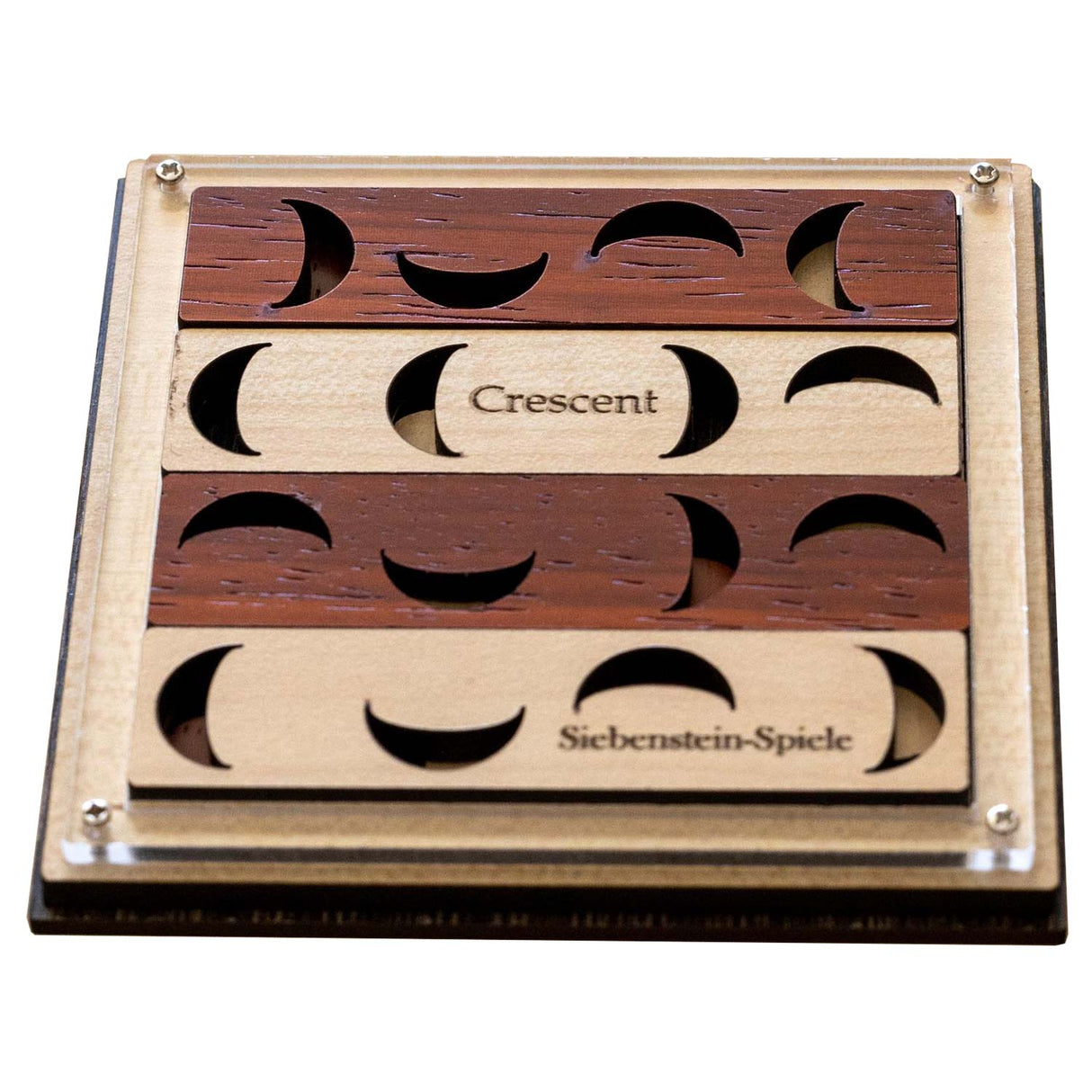 Holzschiebepuzzle mit Mondphasenmotiven in vier horizontalen Reihen