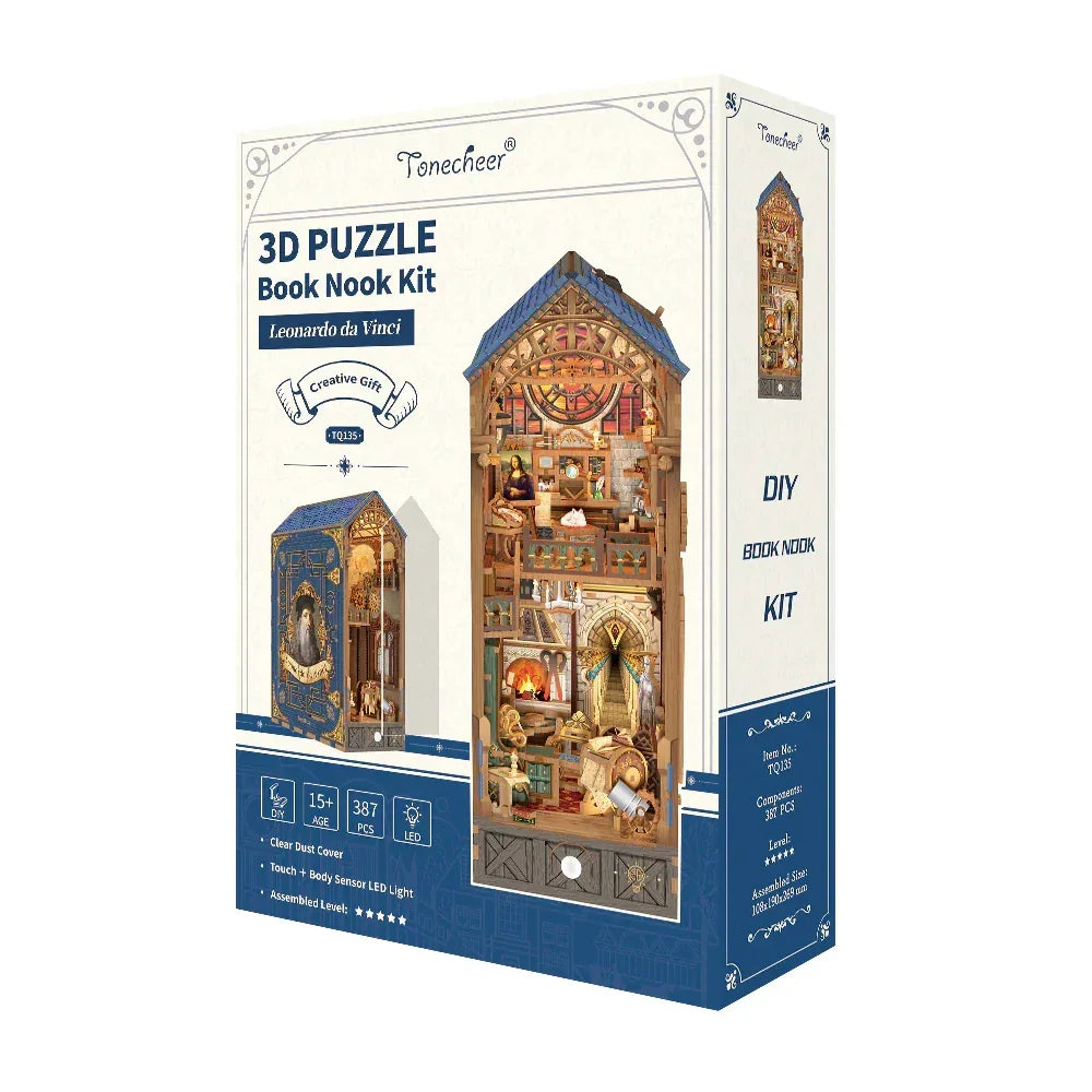 Verpackung des 3D-Puzzle-Bücherregal-Kits Leonardo da Vinci von Tonecheer