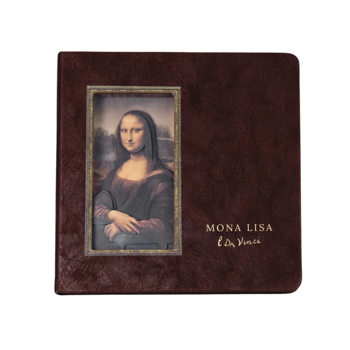 Braunes Notizbuch mit Mona Lisa Bild und goldener Schrift Mona Lisa L Da Vinci