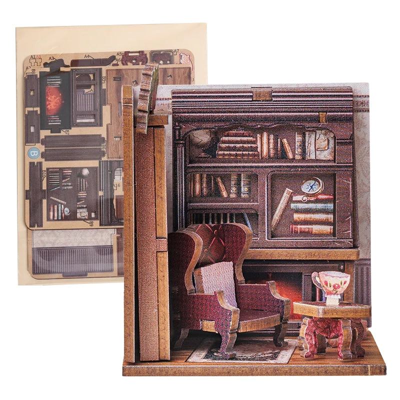 Miniatur-Puzzle-Diorama eines gemütlichen Zimmers mit Sessel, Bücherregal und Kamin