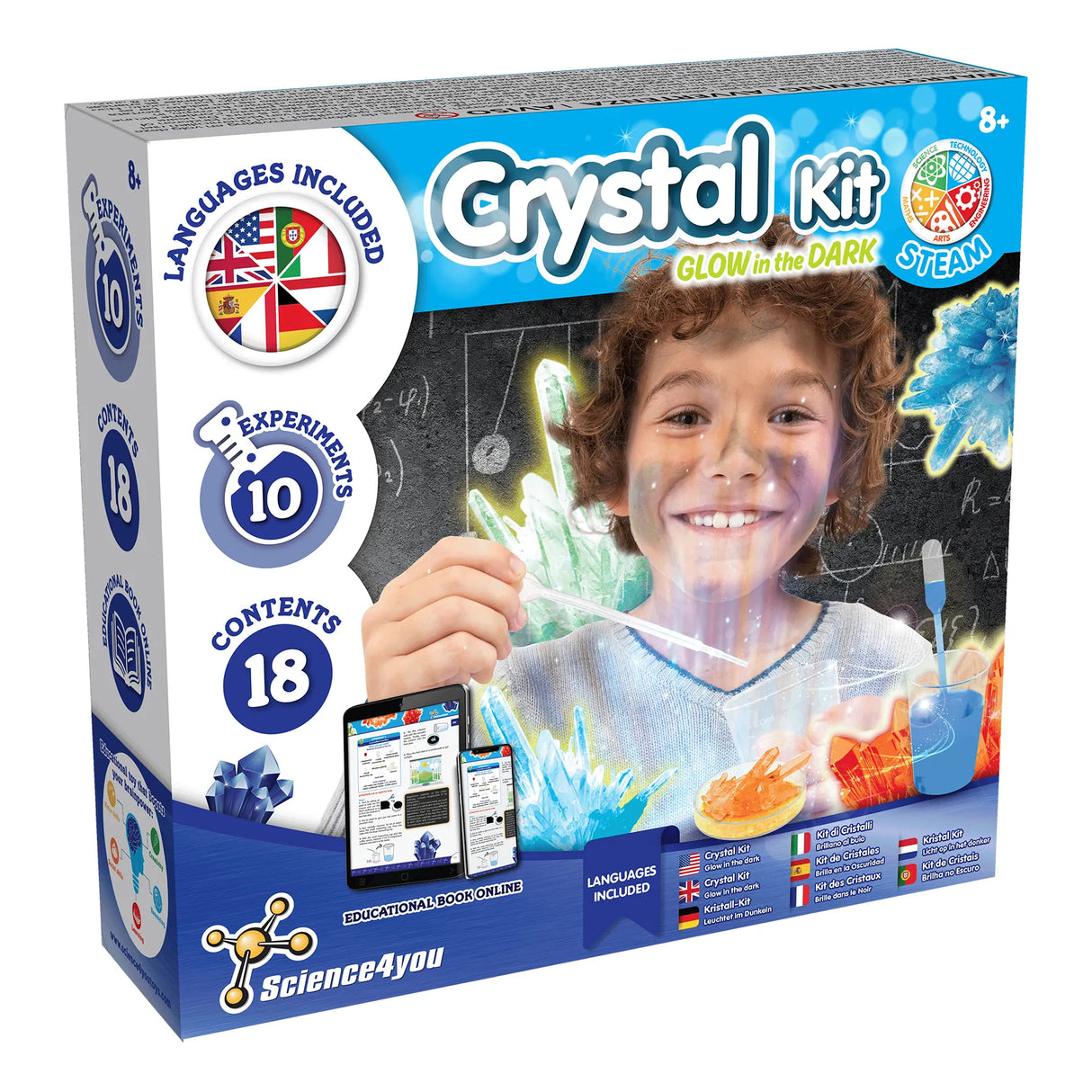 Science4you Kristall-Kit Leuchtet im Dunkeln Box mit lächelndem Kind und Kristallen
