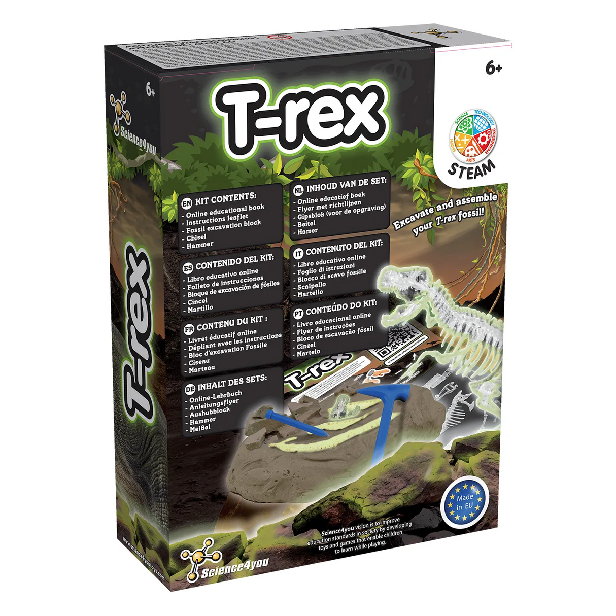 T-Rex Ausgrabungsset von Science4you mit Werkzeugen und leuchtendem Skelett