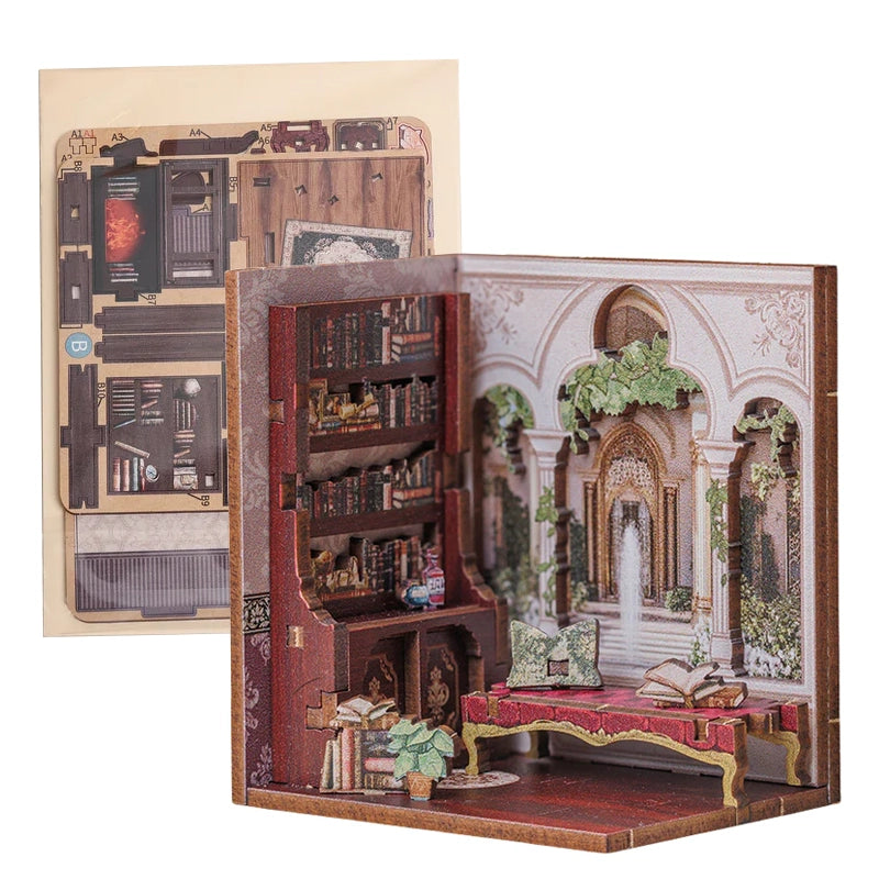 Miniatur-Bücherregal-Einsatz mit detailliertem Zimmer und unmontiertem Bogen