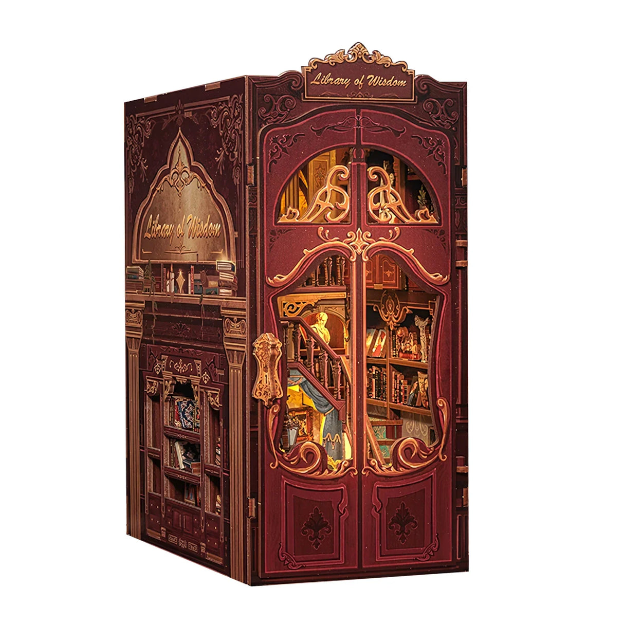 Miniatur-Bücherregal-Einsatz mit aufwendigen roten und goldenen Details, das eine kleine Bibliothek darstellt