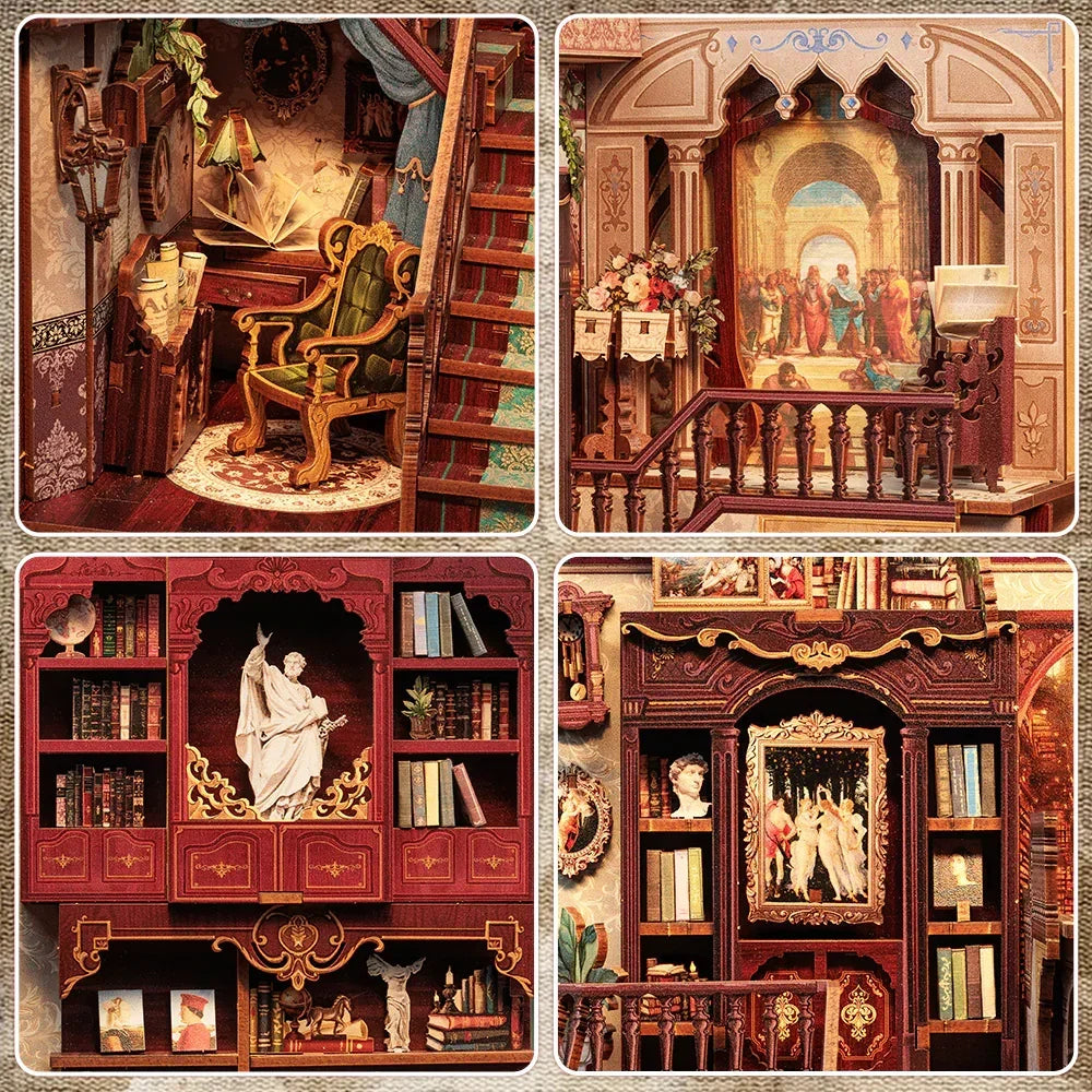Vier Ansichten eines Miniatur-Puppenhauses mit detaillierten Möbeln und Dekorationen