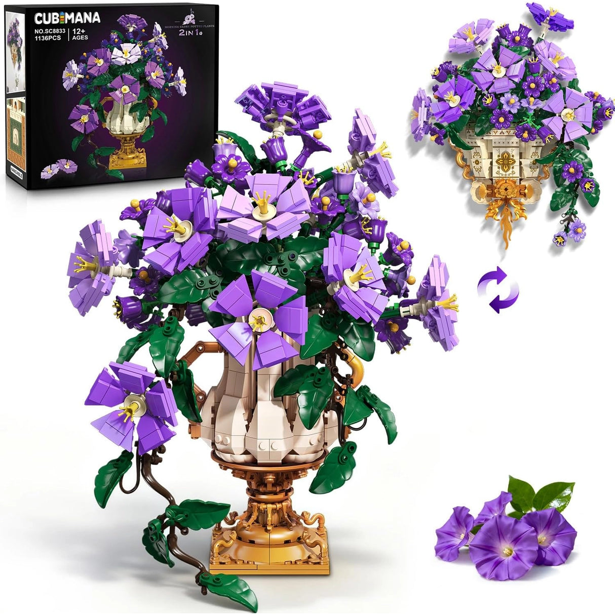 Cubemana Bausatz mit lila Blumen in Vase, daneben eine Wandhalterung und echte Blumen