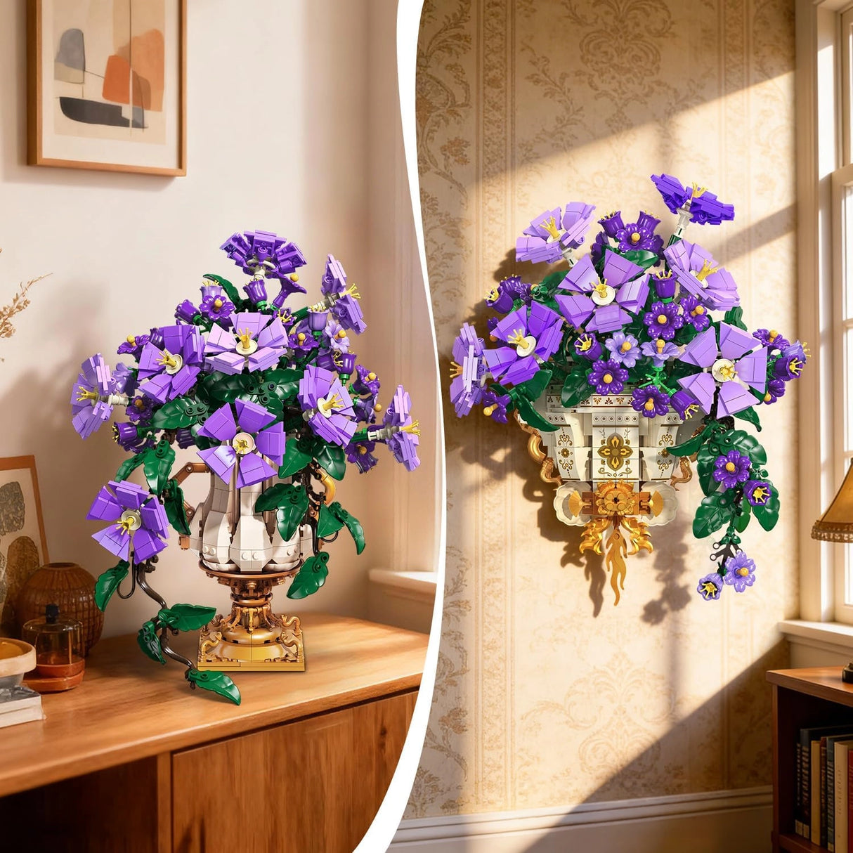 Zwei Ansichten eines LEGO Blumenstraußes mit lila Blüten und grünen Blättern in einer Vase und als Wanddekoration