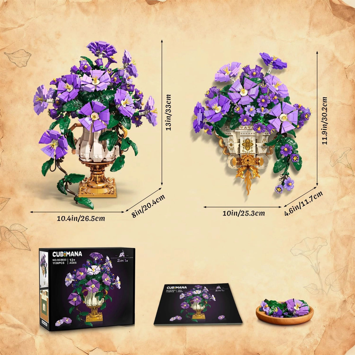 Zwei violette Blumenarrangements aus Bausteinen, eines in einer Vase, das andere an der Wand