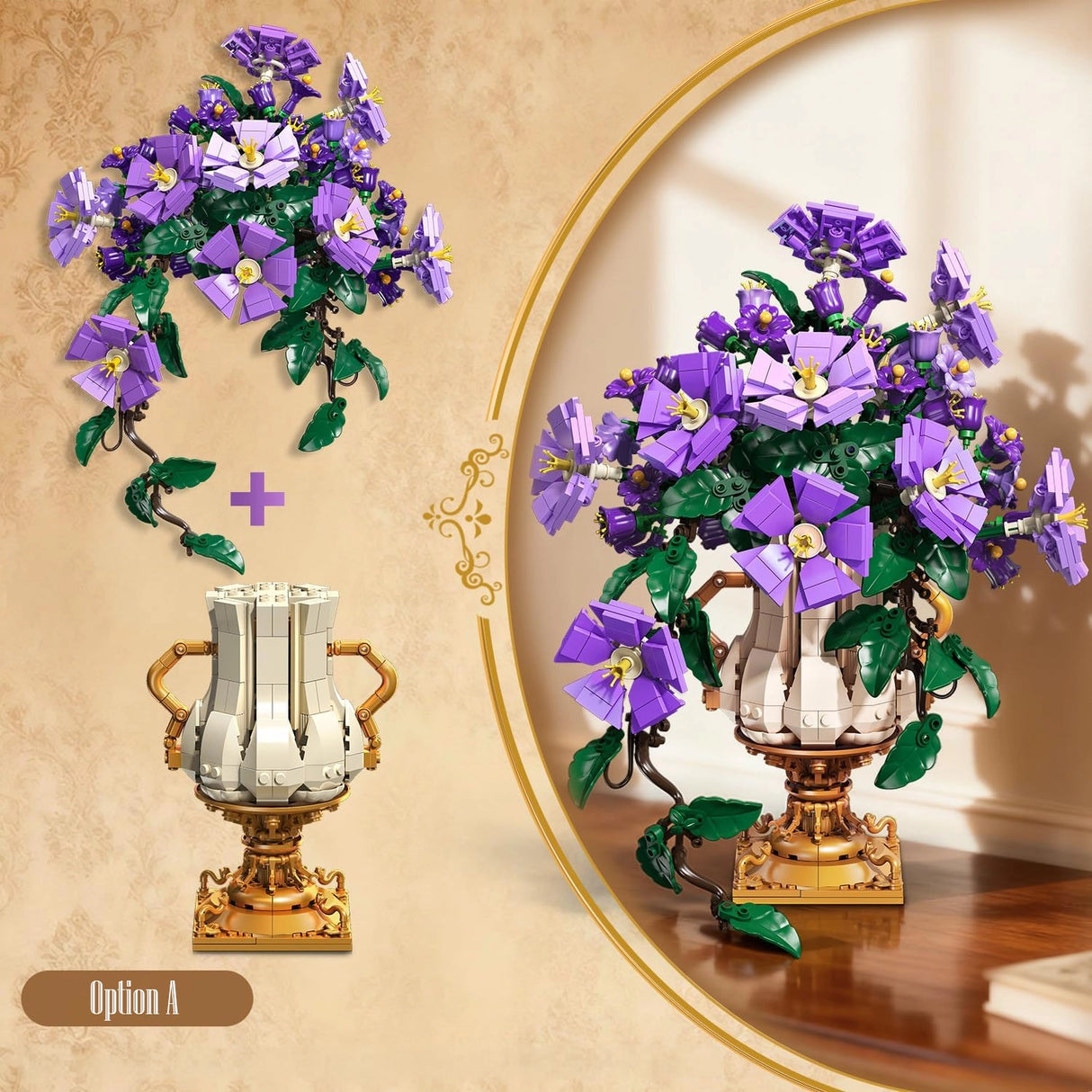 Lila Blumen in einer Vase aus Bausteinen