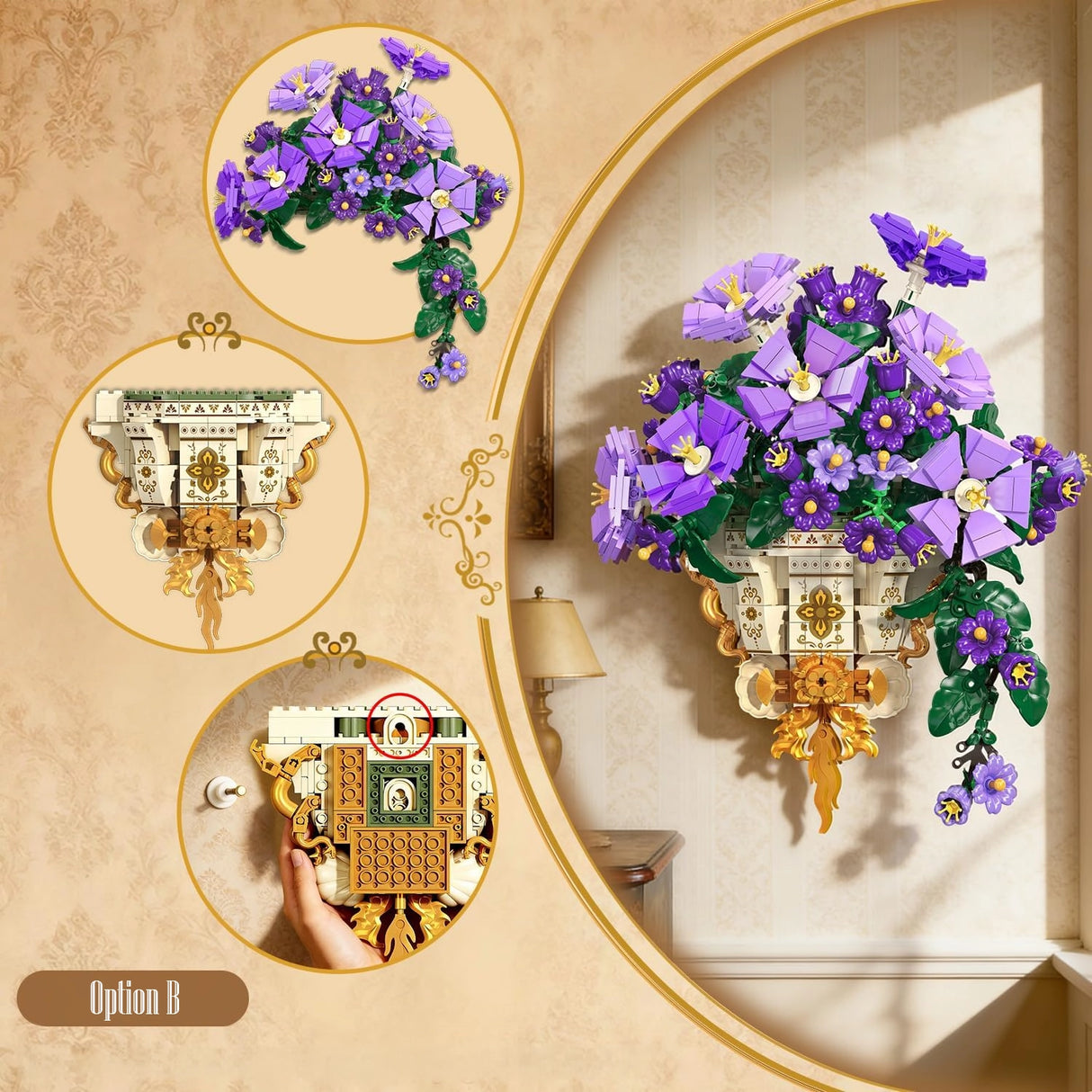 Wandmontierte Blumen aus Bausteinen mit lila Blüten und grünen Blättern in einem verzierten goldenen Topf