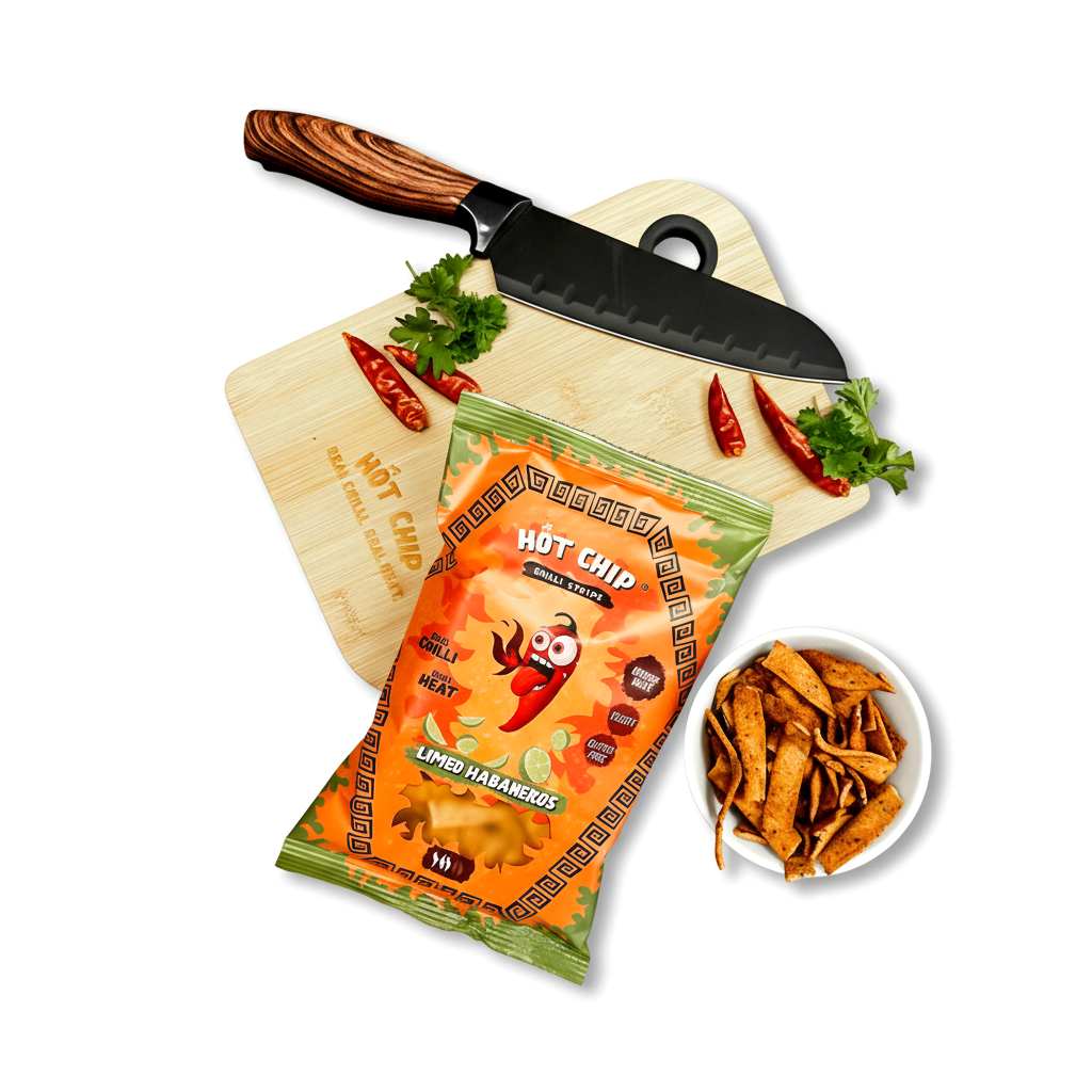 Hot Chip Chilli Stripes Limed Habaneros Packung mit Schüssel Chips, Messer, Chilischoten und Koriander auf Brett