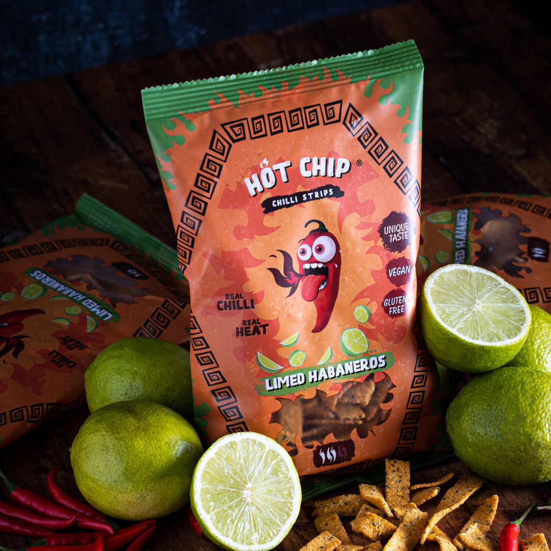 Hot Chip Chilli Strips Limed Habaneros Packung mit Limetten und Chilischoten