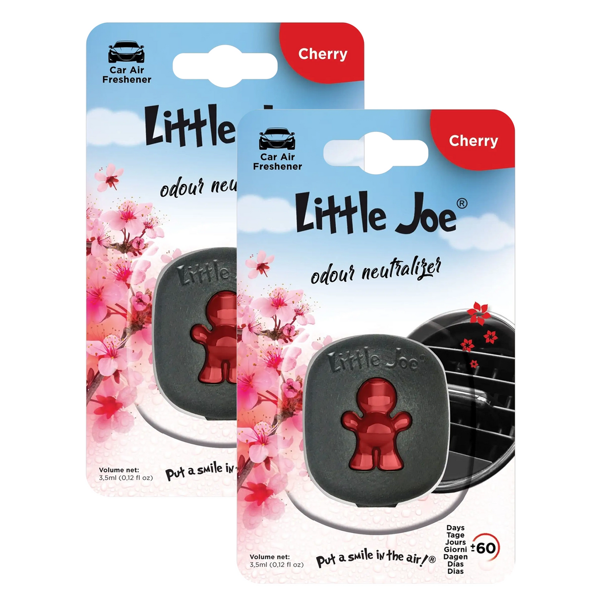 Zwei Little Joe Auto-Lufterfrischer mit Kirschduft in der Verpackung