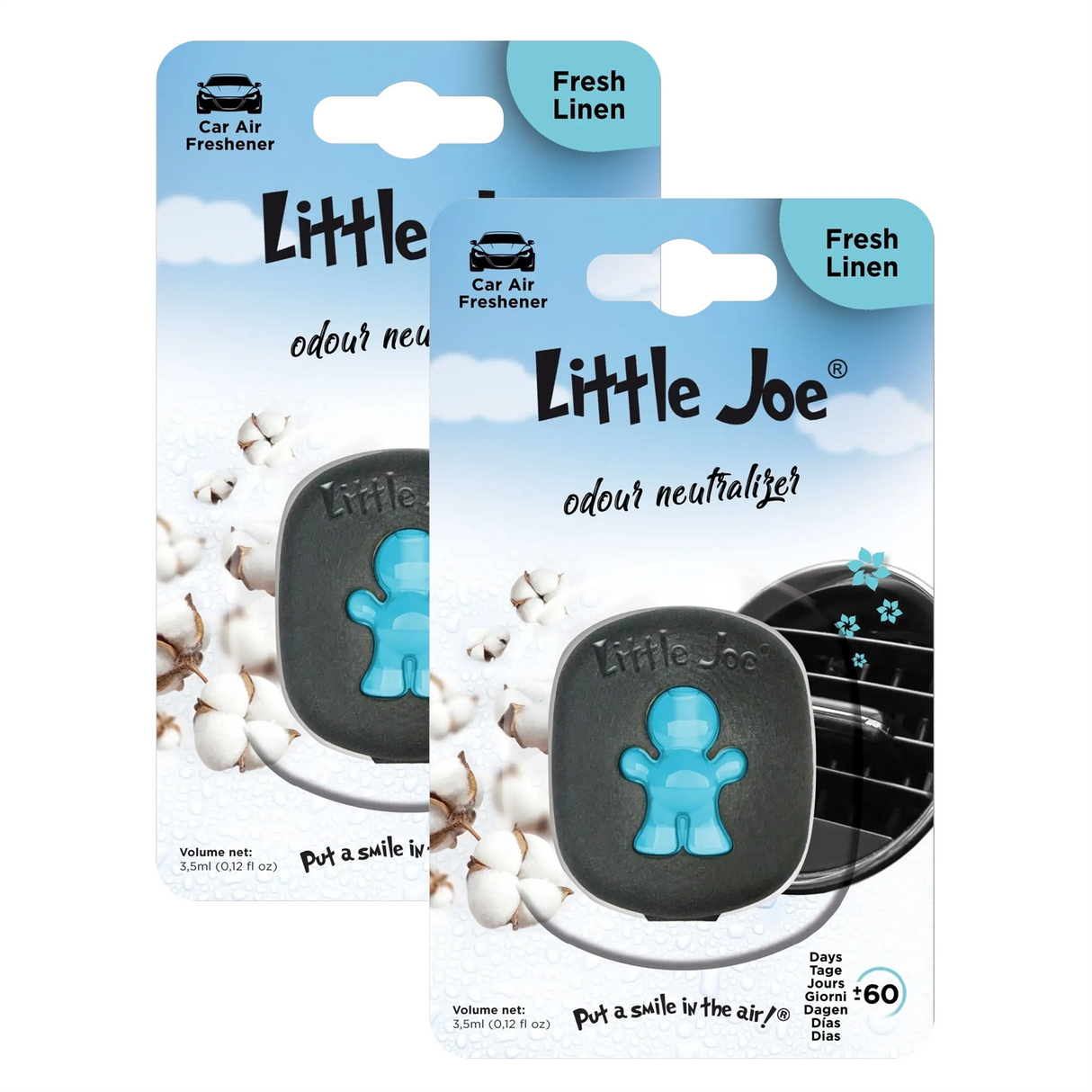 Little Joe Auto Lufterfrischer Fresh Linen mit blauer Figur in der Verpackung