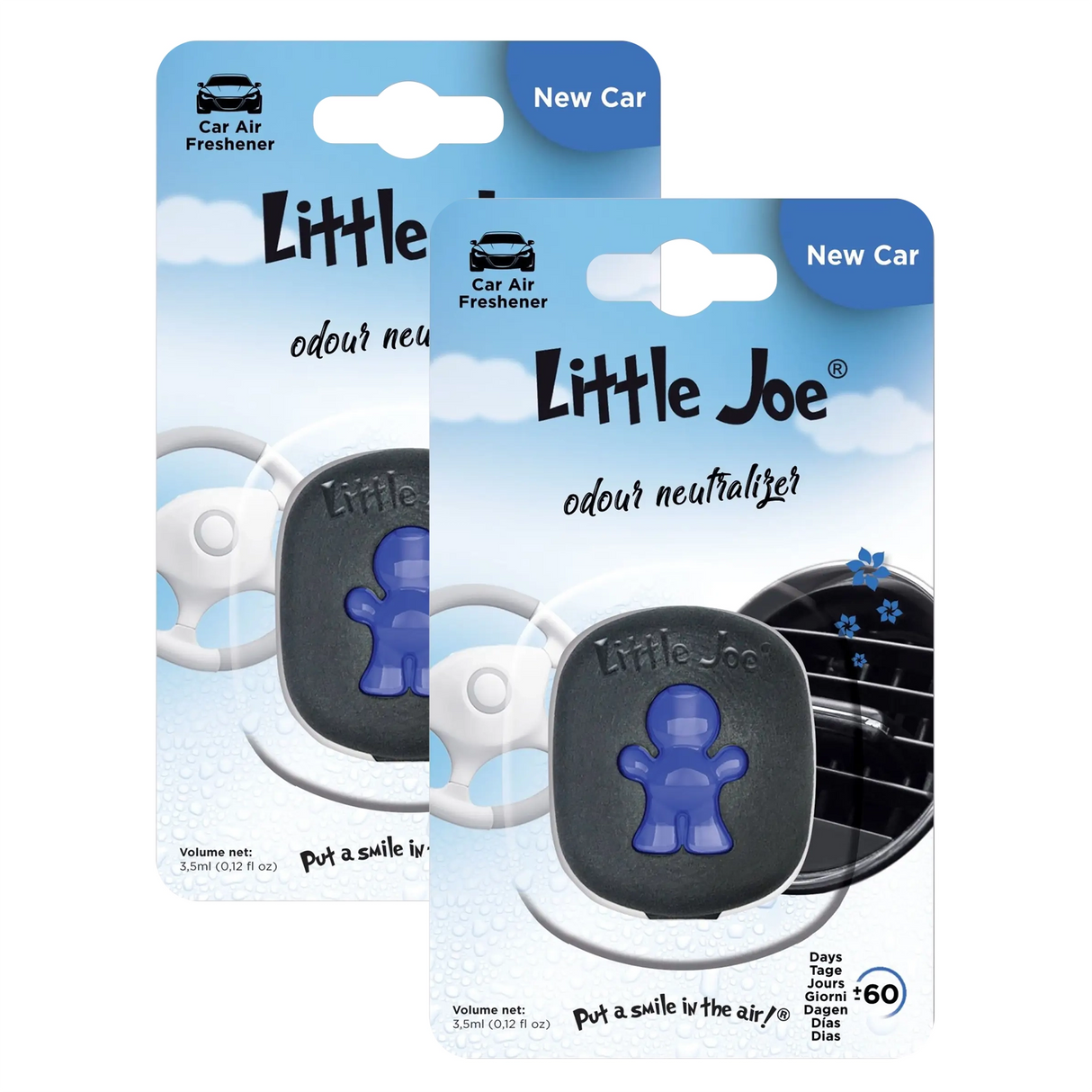 Zwei Little Joe Auto Lufterfrischer in der Duftrichtung New Car mit blauer Figur