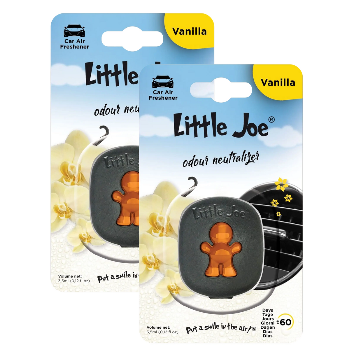 Little Joe Auto Lufterfrischer mit Vanille Duft in der Verpackung