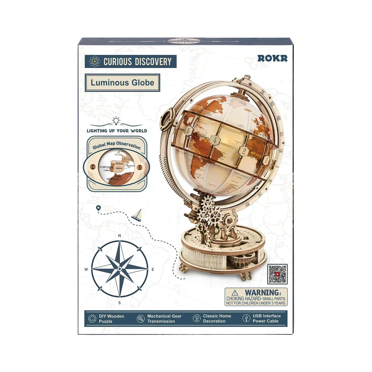 Verpackung der Curious Discovery Luminous Globe mit Produktbild und Funktionen