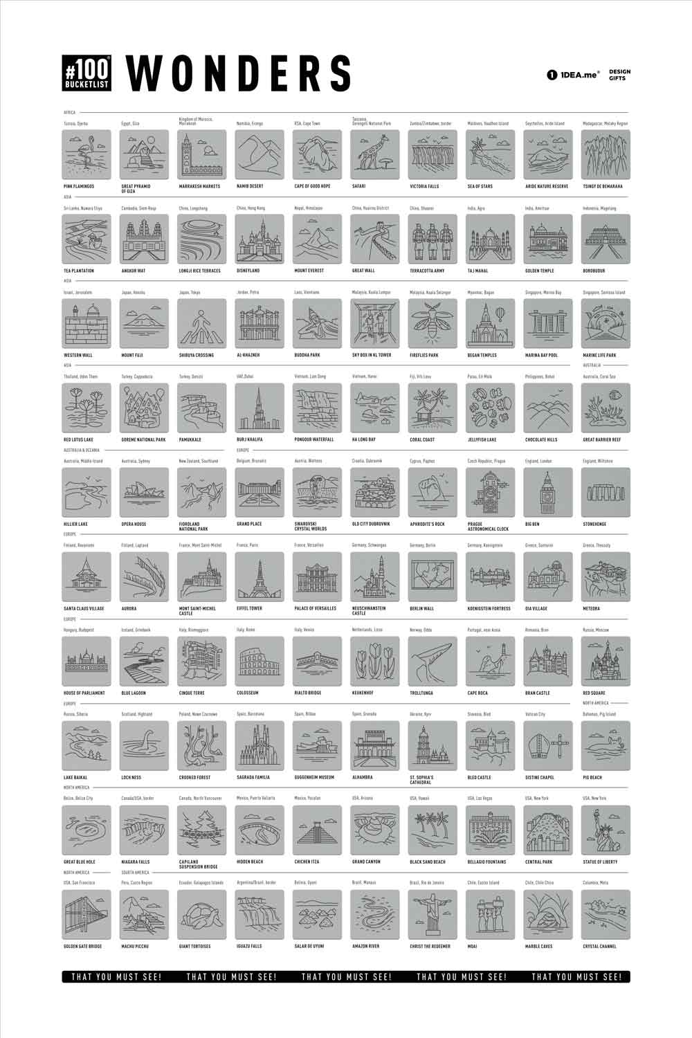 Poster mit 100 illustrierten Weltwundern zum Freirubbeln