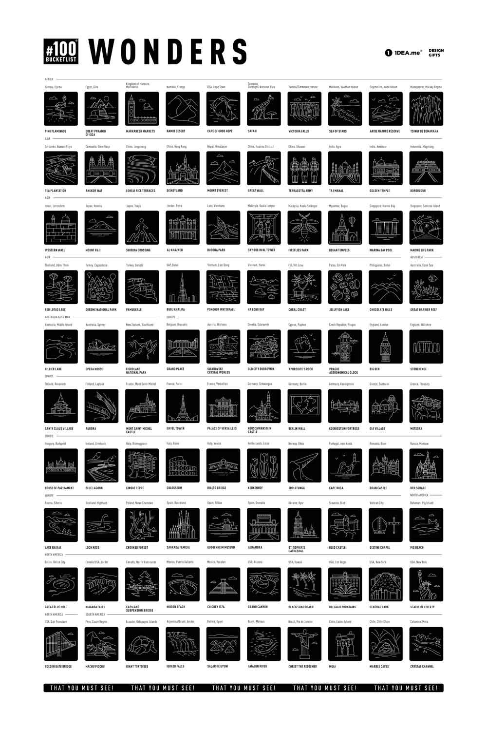 Poster mit 100 grafischen Symbolen von weltweiten Sehenswürdigkeiten als Bucketlist