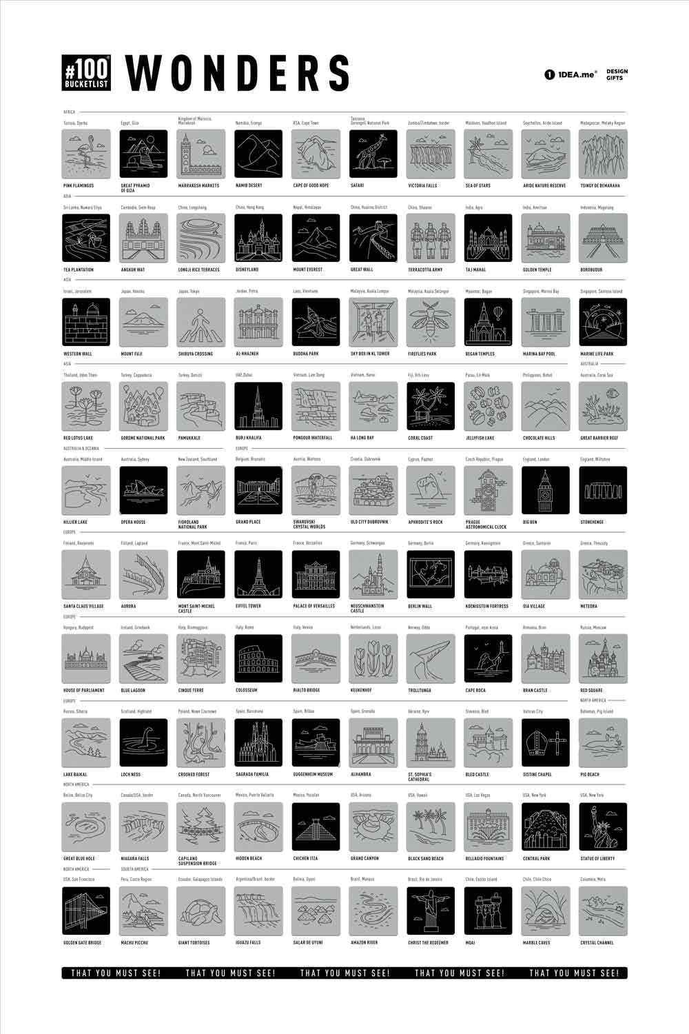 Poster mit 100 grafischen Symbolen von weltweiten Sehenswürdigkeiten als Bucketlist