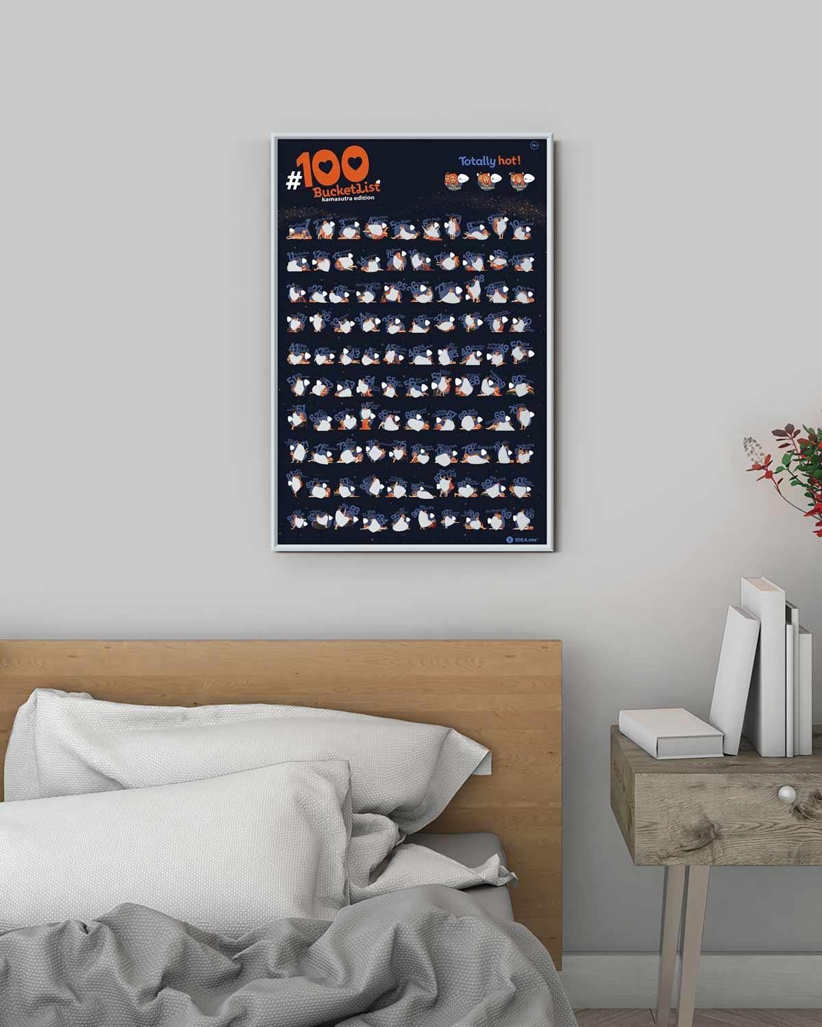 Poster mit 100 illustrierten Kamasutra Positionen an einer Wand über einem Bett