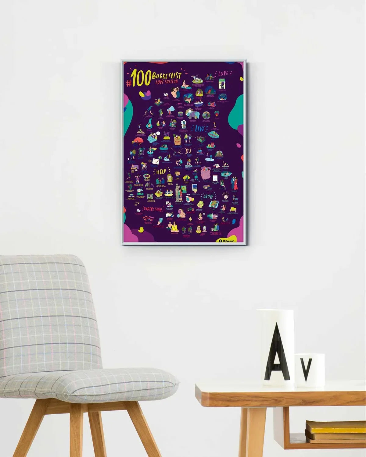 Gerahmtes Poster mit 100 Bucketlist Ideen fuer Paare an einer weissen Wand