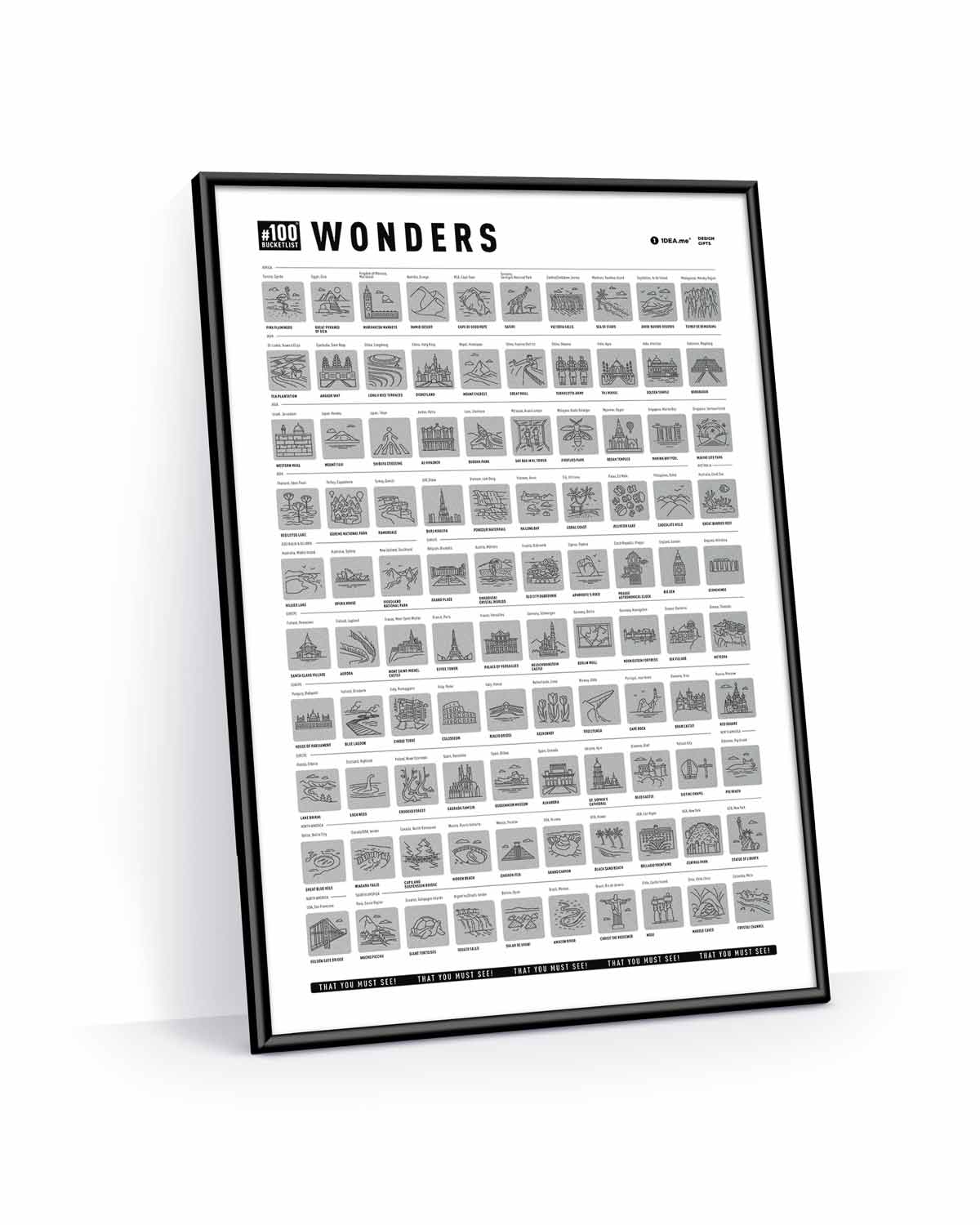 Gerahmtes Poster mit einer Bucketlist von 100 Weltwundern als grafische Symbole