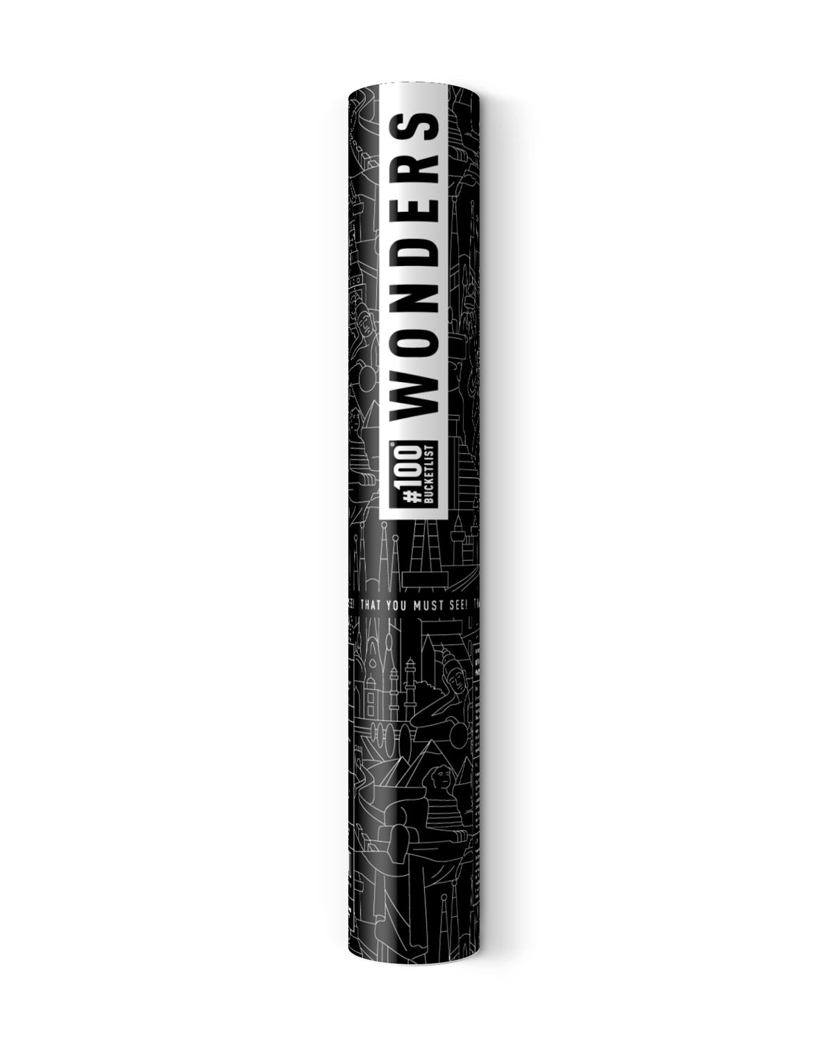 Schwarze Posterrolle mit weissen Linienzeichnungen von Sehenswürdigkeiten und dem Schriftzug 100 Wonders