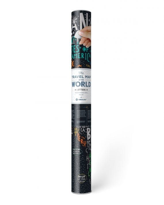 Zylindrische Verpackungshülse für eine Weltkarte mit typografischem Design