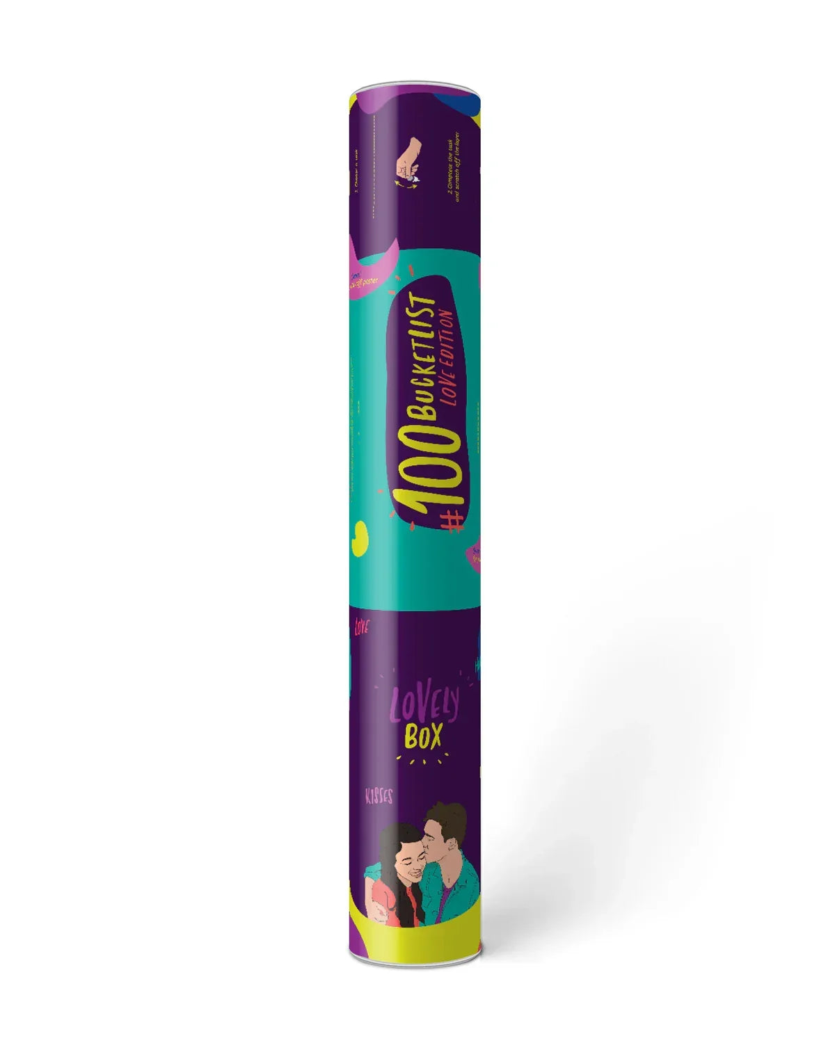 Runde Verpackungshülse mit Aufschrift 100 Bucketlist Love Edition und Illustration eines Paares
