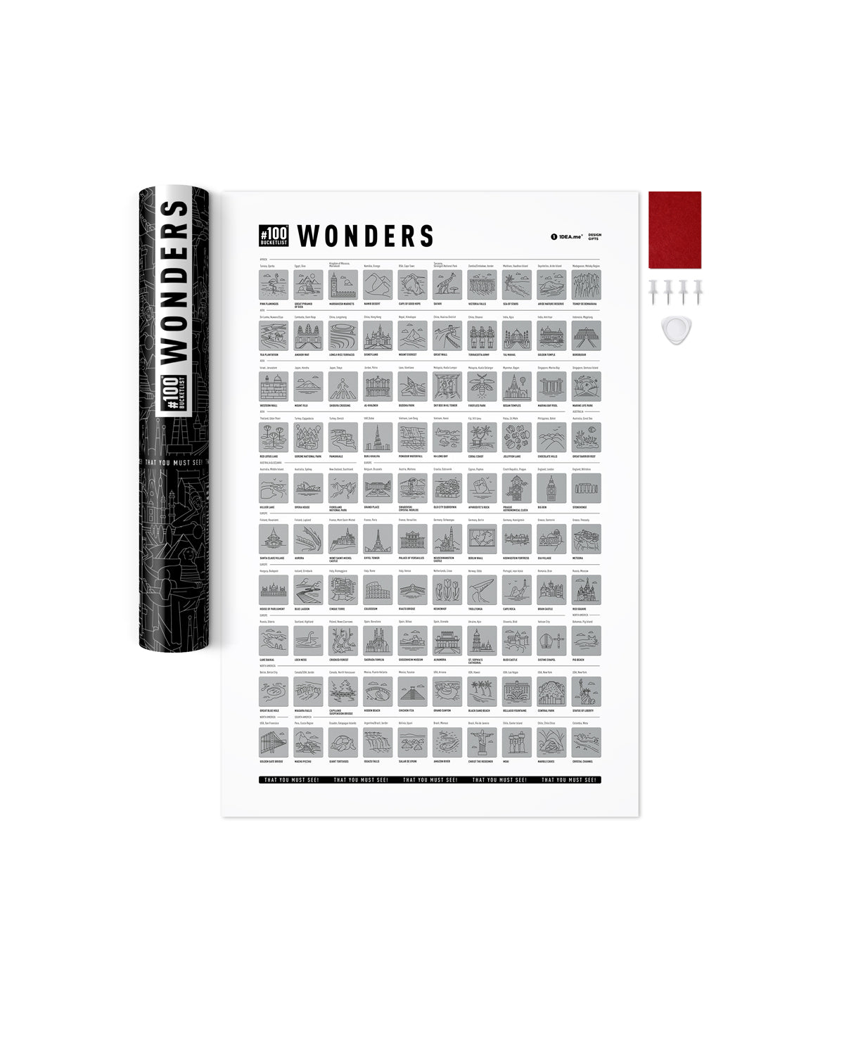 Rubbelposter mit 100 Weltwundern inklusive Verpackungsrolle und Zubehör