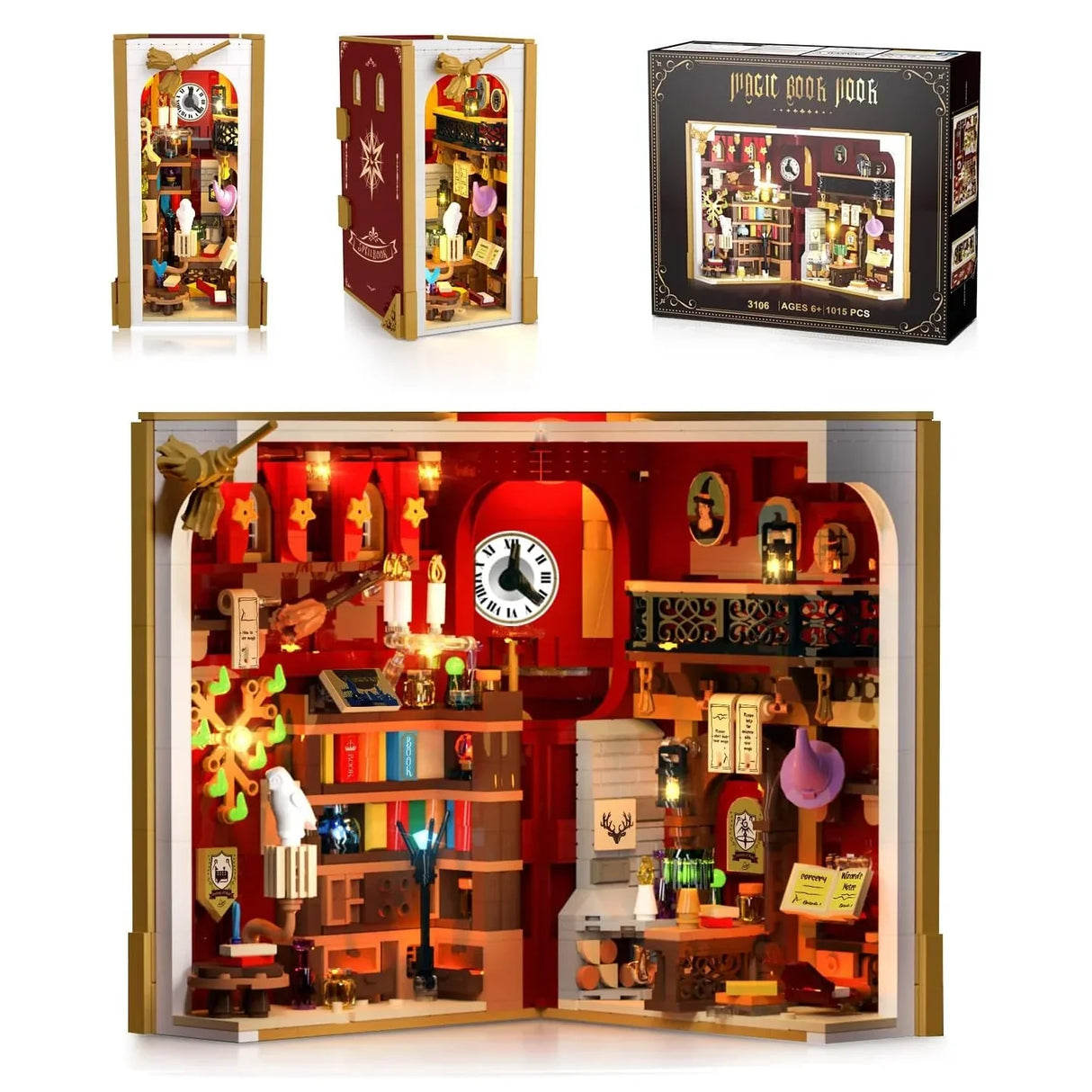 Drei Ansichten eines Miniatur-Bücherregals, das wie ein magischer Laden aussieht, mit einer Verpackung