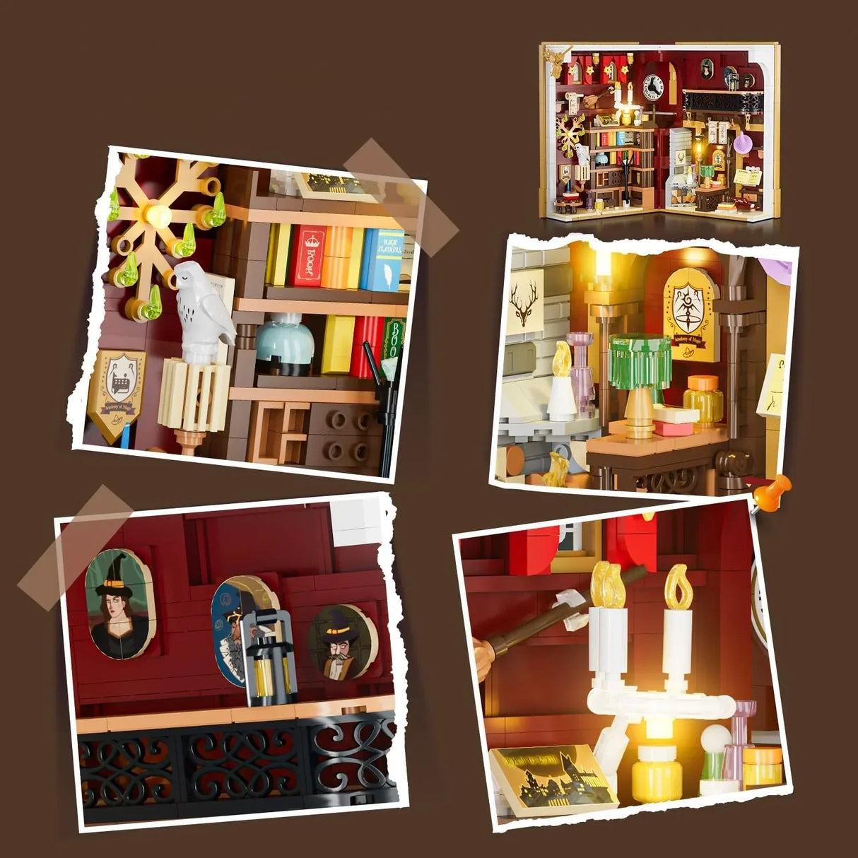 Vier Bilder eines Miniatur-Zaubererzimmers mit Büchern, Eule, Kerzen und Zaubererporträts