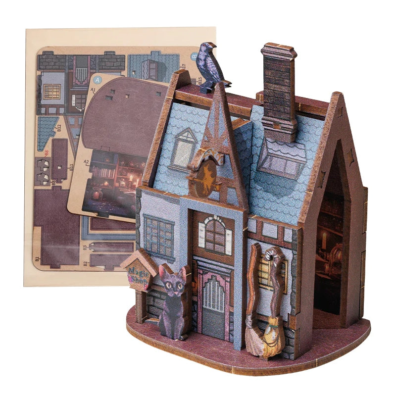 Ein 3D-Puzzle eines magischen Ladens mit einer schwarzen Katze, einem Besen und einem Raben auf dem Dach