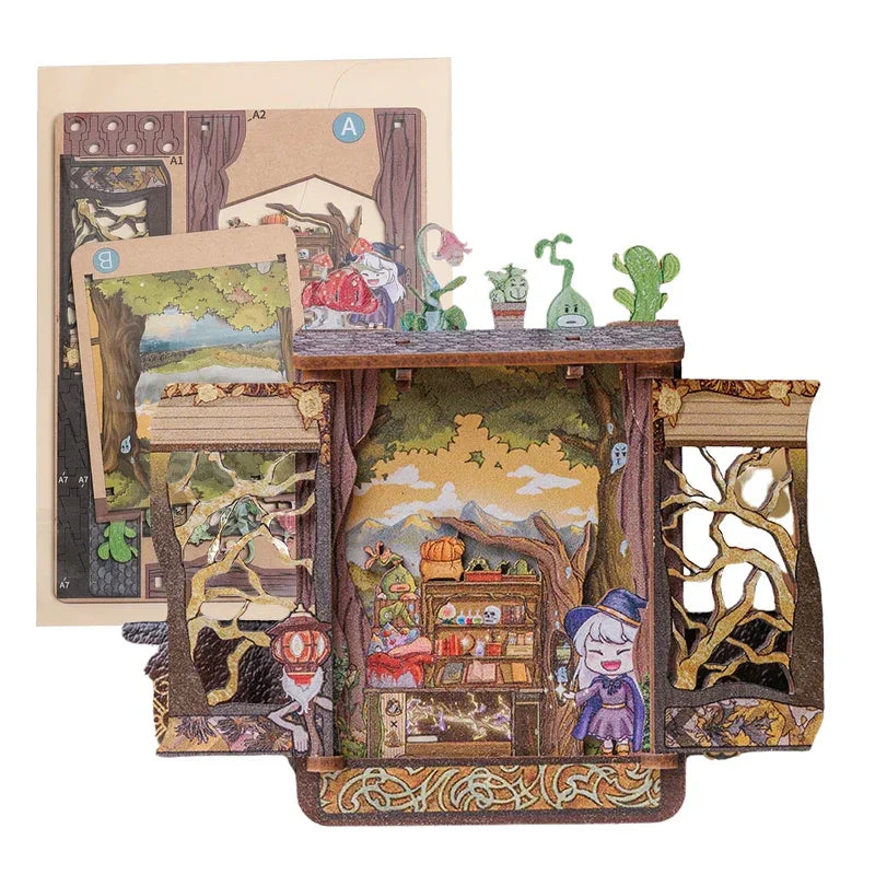Ein 3D-Holzpuzzle, das eine magische Szene mit einer Hexe, einem Bücherregal und Pflanzen darstellt
