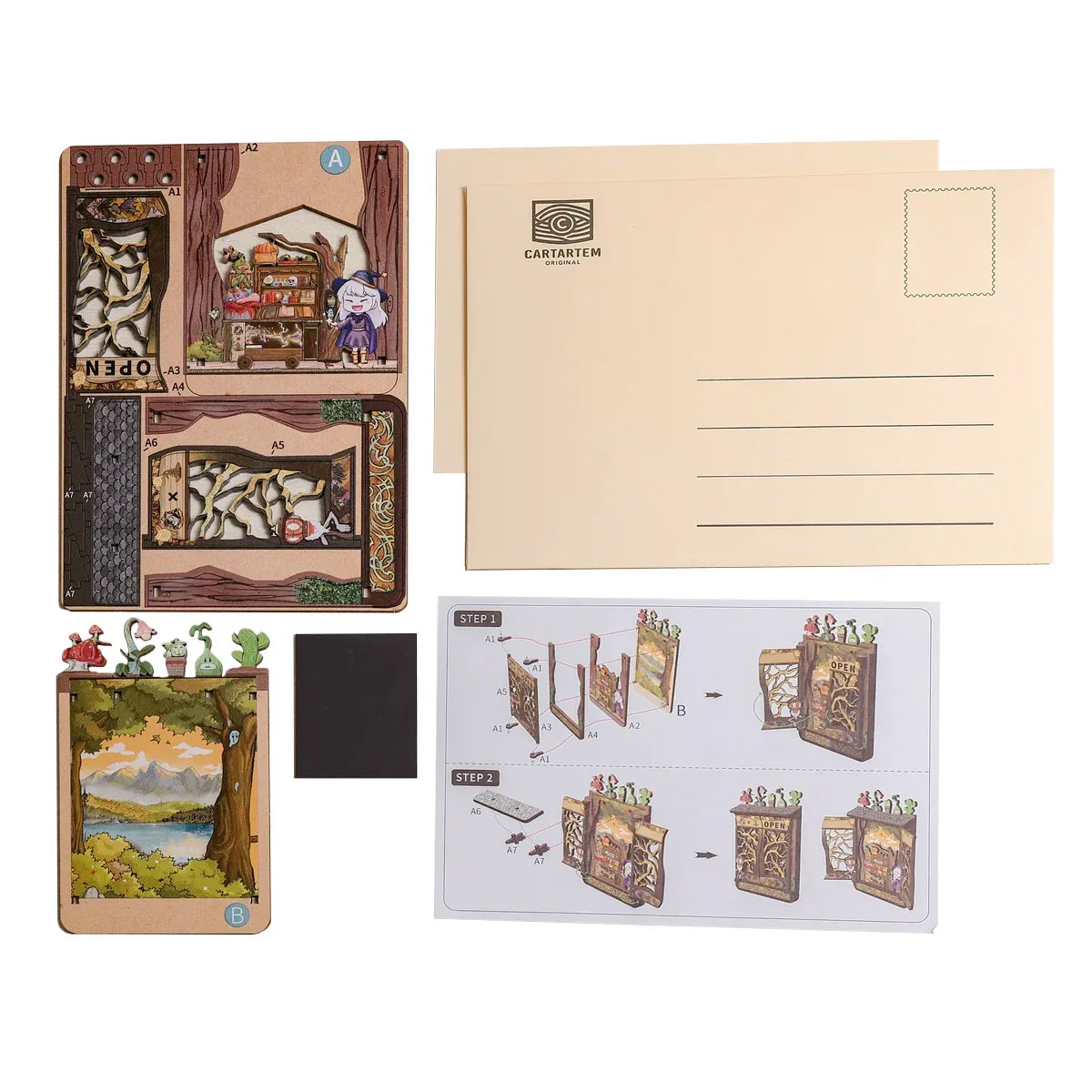Bastelset für ein Miniatur-Bücherregal mit einer Hexe, einem Baum und einer Landschaft, plus Postkarten und Anleitung