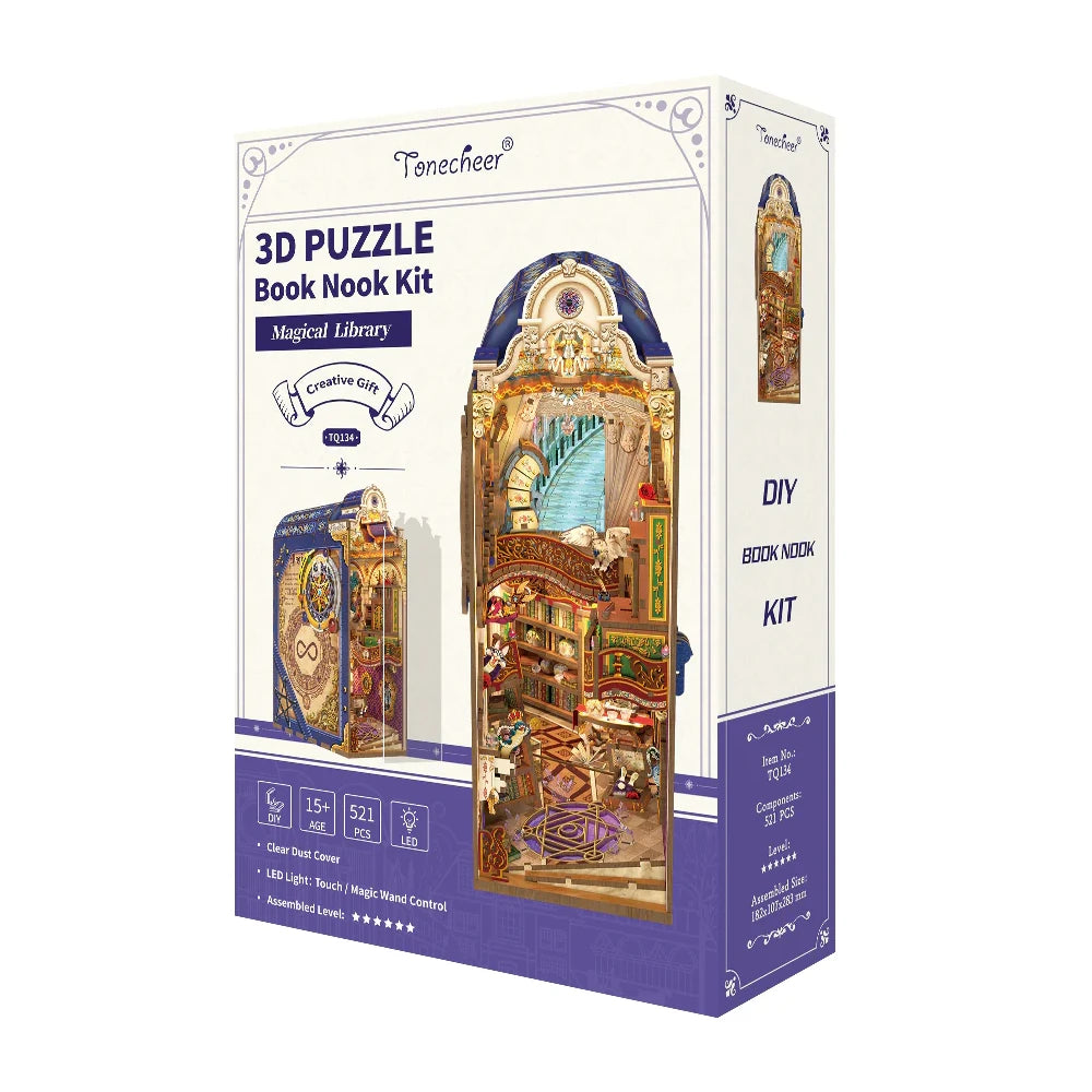Verpackung des 3D-Puzzle-Bücherregal-Kits Magische Bibliothek mit dem zusammengebauten Modell