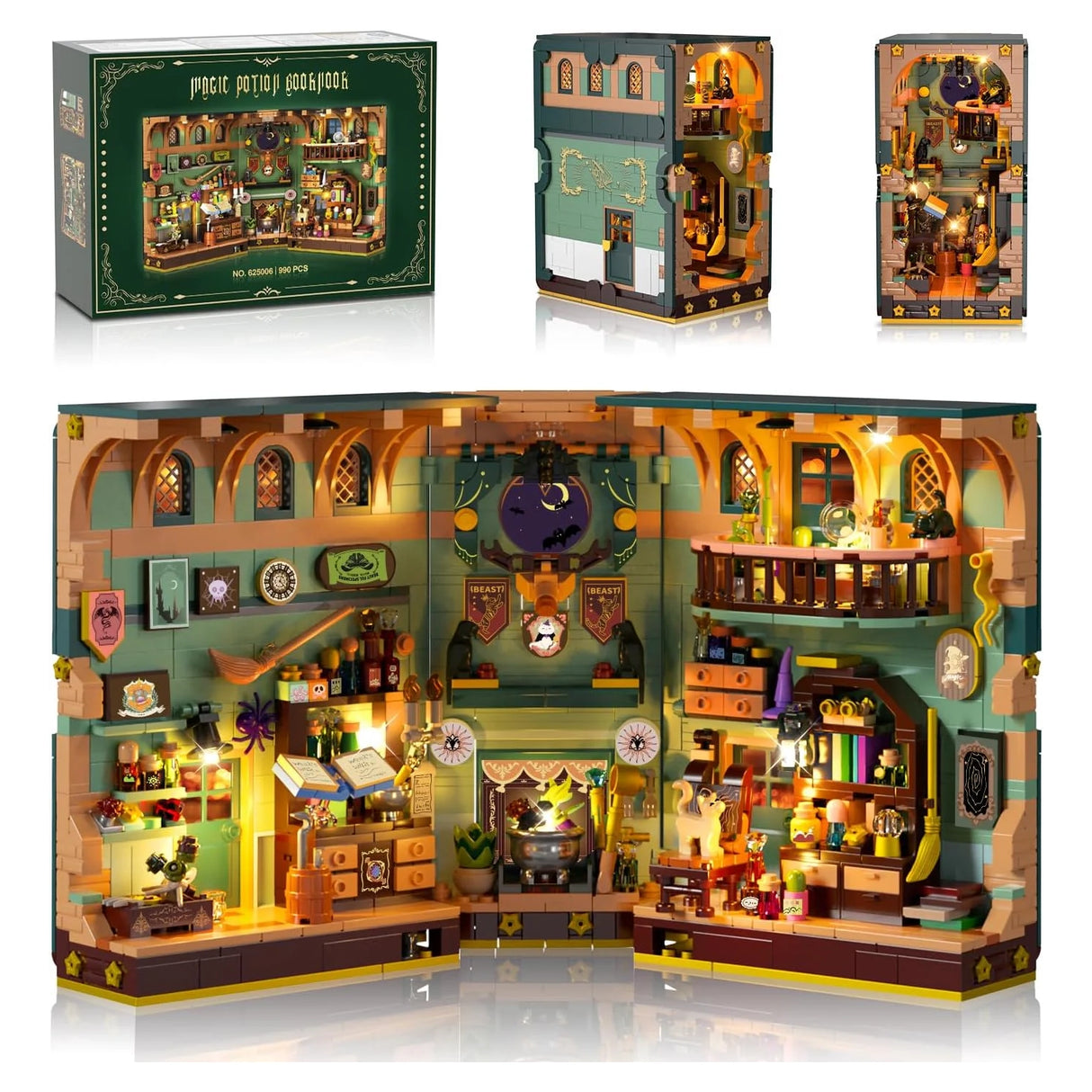 Ein Set von Bildern, die ein detailliertes Miniatur-Zaubertrankbuch-Diorama zeigen, das geöffnet und geschlossen ist