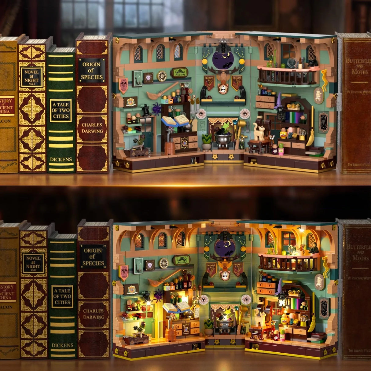 Zwei Ansichten eines beleuchteten Miniatur-Buchladens mit Regalen und Büchern