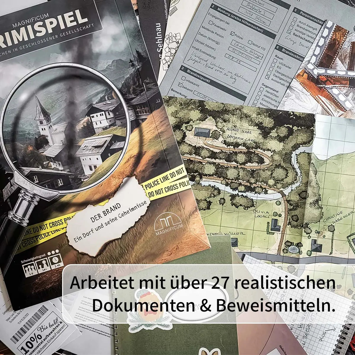Spielmaterial eines Krimispiels mit Polizeibericht und Lageplan